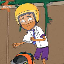 a cartoon character is wearing a helmet and holding a piece of paper with the nick logo behind him