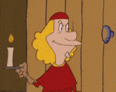 a cartoon character is smiling and holding a candle in his hand