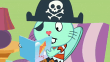 a cartoon character wearing a pirate hat reading a book