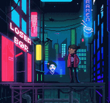 a pixel art of a man standing on a balcony in front of a loser bar