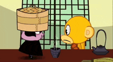 two cartoon characters are sitting at a table with a teapot and a cup of tea