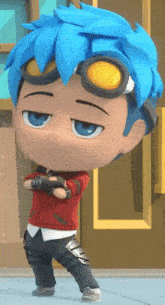 a cartoon character with blue hair wearing a red shirt and black pants