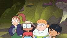 a group of cartoon characters standing next to each other with one wearing a shirt with a fish on it