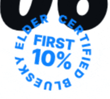 a blue and black logo that says first 10 % blue sky