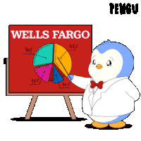 a penguin is standing in front of a wells fargo board