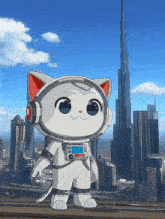 a cartoon cat wearing a space suit and headphones stands in front of a city skyline