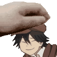 a close up of a person 's head with a hand on it .