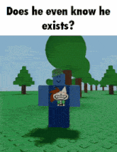 a roblox character is standing in a field with trees in the background