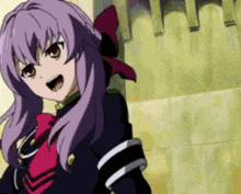 a girl with purple hair and a red bow in her hair is standing in front of a castle .