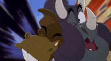 a cartoon of a rhino and a horse with horns looking at each other