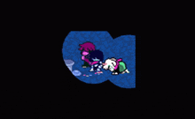a couple of cartoon characters are laying on the ground