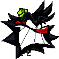 a pixel art drawing of a black and white cartoon character with a green cube on its head .