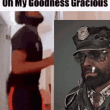 a man with a beard wearing a police hat and sunglasses