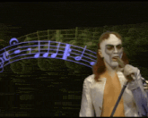 a man with white paint on his face singing into a microphone with music notes in the background