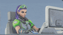 a girl with purple hair is giving a thumbs up sign