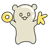 a cartoon of a bear holding a donut and a letter k