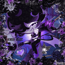 a picture of a girl with purple flowers and the words je t'aime at the bottom