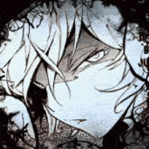 a black and white drawing of a person 's face surrounded by branches and leaves