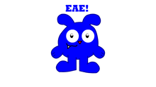 a blue cartoon character with the word eae written above it