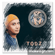 a drawing of a man with the name todz on the bottom right