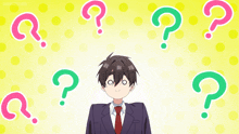 a man in a suit and tie is surrounded by question marks on a yellow background