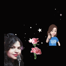a woman stands in front of a microphone with the words good luck behind her