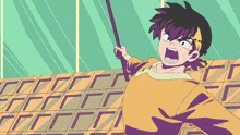a cartoon drawing of a boy with purple hair and a yellow headband