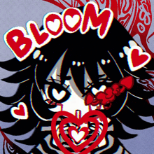 a girl with a heart in her mouth and the word bloom above her head