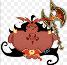 a cartoon drawing of a demon holding a axe