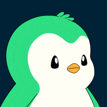 a green and white penguin with a yellow beak looks angry