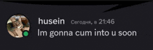 a picture of a cat with the words im gonna cum into u soon under it