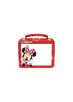a yellow lunch box with a picture of minnie mouse and the name sandra on it