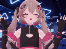 a girl with pigtails is wearing a black and pink top