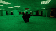 a person standing in a dark room with a sign that says emergency