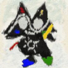 a drawing of a black and white animal with a red yellow and blue stripe on its feet