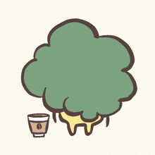 a cartoon drawing of a broccoli holding a coffee cup