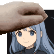 a hand is holding a donut over a girl 's head in a pixel art style .