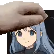 a hand is holding a donut over a girl 's head in a pixel art style .