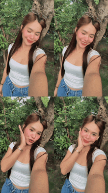 a woman in a white crop top and blue jeans takes a selfie