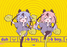 a cartoon drawing of a boy and a girl with the words duh and j-b boy below them