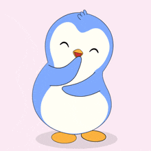 a blue and white penguin covering its mouth with its hand