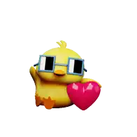 a yellow cartoon duck wearing sunglasses holds a pink heart