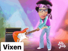 a cartoon drawing of a man playing a guitar with the name vixen below him