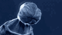a close up of a person 's head against a dark blue background