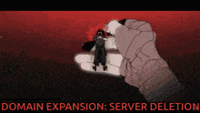 a cartoon drawing of a hand holding a man with the words domain expansion server deletion below it