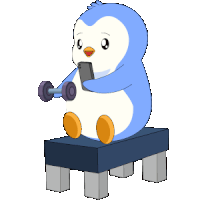 a penguin is sitting on a bench holding a dumbbell and looking at his phone