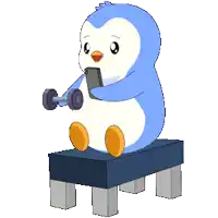 a penguin is sitting on a bench holding a dumbbell and looking at his phone