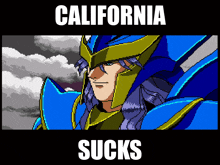 a pixelated image of a knight with the words california sucks below him