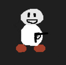 a pixel art of a person holding a gun and smiling