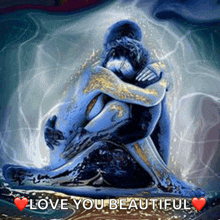 a painting of a man and woman hugging with the words " love you beautiful "